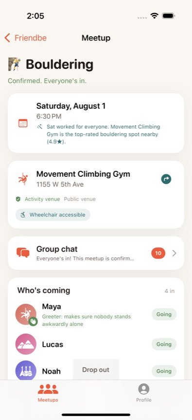 A confirmed Friendbe meetup: Saturday 6:30 PM at a top-rated climbing gym, planned automatically